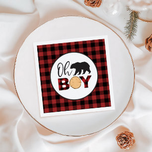 Oh Boy Bear Buffalo Plaid Baby Shower Napkin
