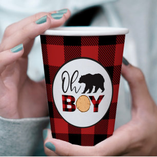 Oh Boy Bear Buffalo Plaid Baby Shower Paper Cups