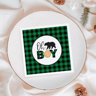 Oh Boy Bear green Buffalo Plaid Baby Shower Napkin