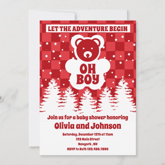 Oh Boy Bear Red Chequerboard Baby Shower Invitation (Front)