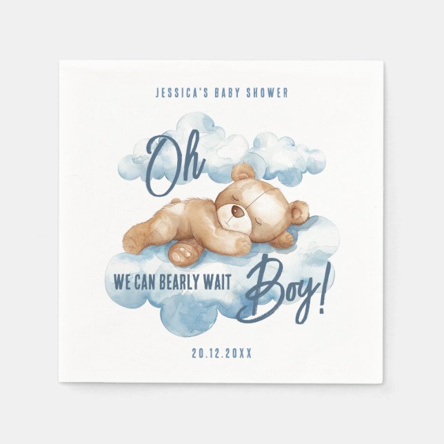 Oh Boy Bearly Wait Bear Blue Clouds Baby Shower Napkin (Front)