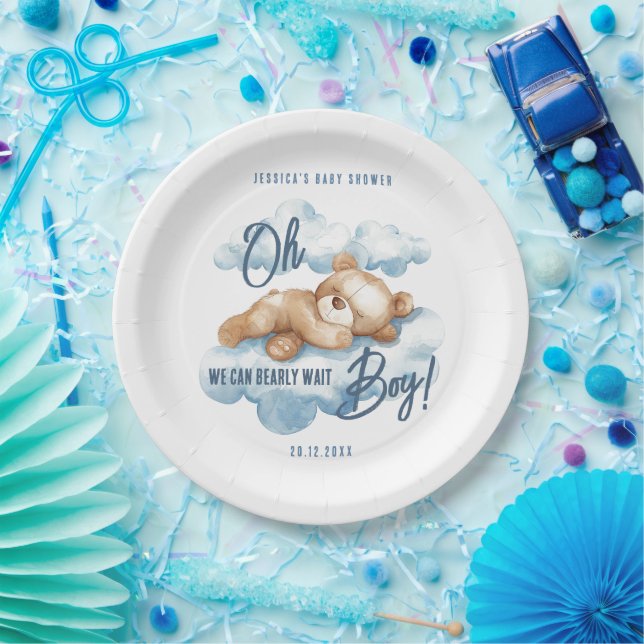 Oh Boy Bearly Wait Bear Blue Clouds Baby Shower Paper Plate (Party)