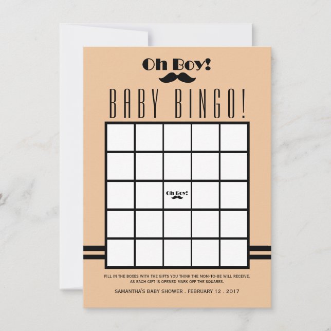 Oh Boy Black Moustache Baby Shower Bingo Invitation (Front)