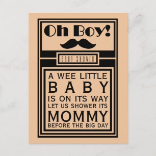 Oh Boy Black Moustache Baby Shower Invitation Postcard