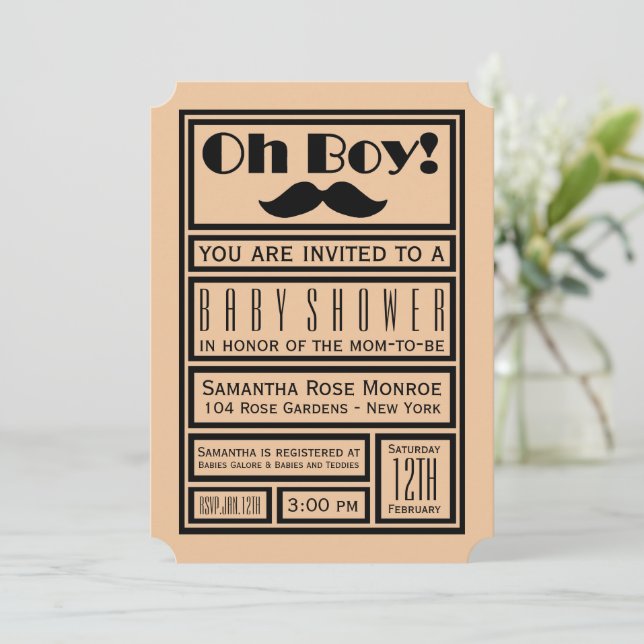 Oh Boy Black Mustache Baby Shower Invitation (Standing Front)