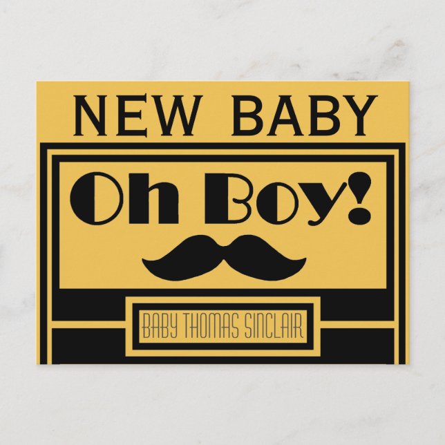 Oh Boy Black Mustache New Baby Announcement (Front)