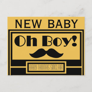 Oh Boy Black Mustache New Baby Announcement Postcard