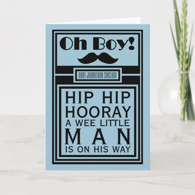 Oh Boy Black Mustache New Baby Boy Announcement (Front)