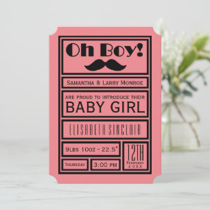 Oh Boy Black Mustache New Baby Girl Announcement