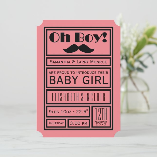 Oh Boy Black Mustache New Baby Girl Announcement (Standing Front)