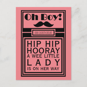 Oh Boy Black Mustache New Baby Girl Announcement Postcard