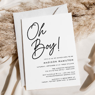 Oh Boy Black Script Minimalist Baby Shower Invitation