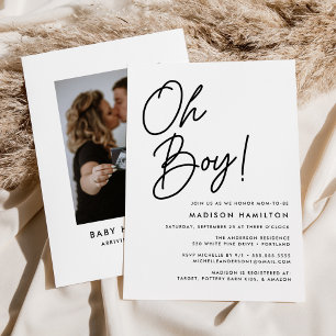 Oh Boy Black Script Photo Baby Shower Invitation