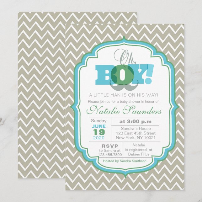 Oh Boy Blue and Green Moustache Baby Shower Invitation (Front/Back)