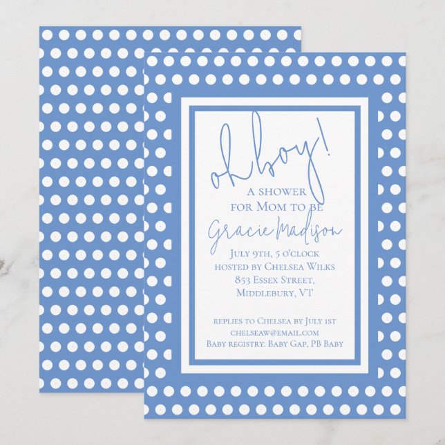Oh Boy Blue and White Boy Baby Shower Invitation (Front/Back)