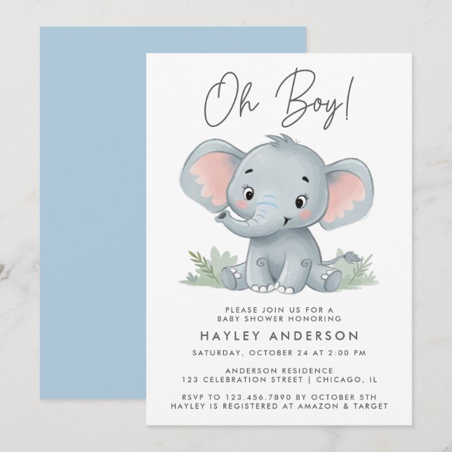 Oh Boy Blue Baby Elephant Baby Shower Invitation (Front/Back)