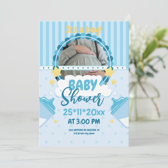 Oh Boy Blue Baby Shower With Photo, Baby Boy Invitation (Standing Front)