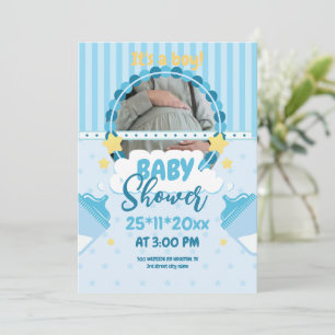 Oh Boy Blue Baby Shower With Photo, Baby Boy Invitation