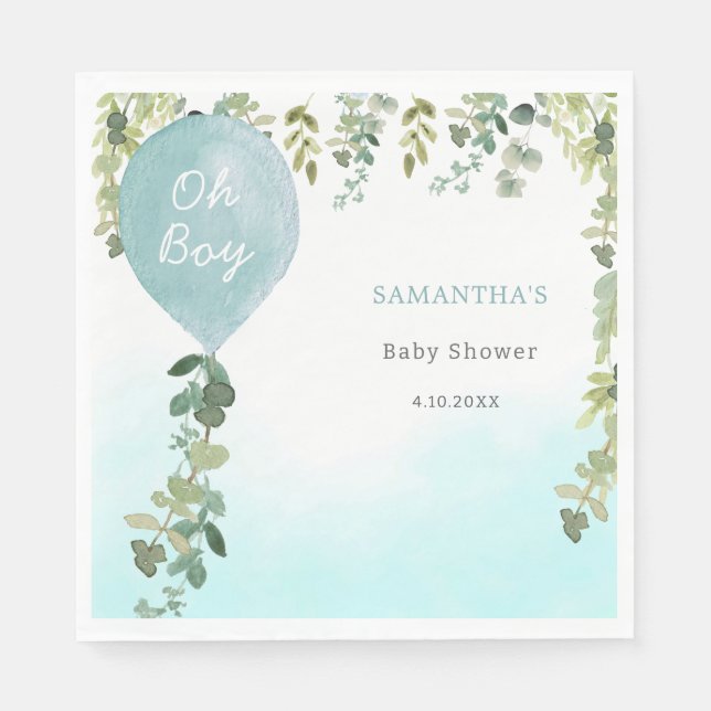 Oh boy blue balloon boy baby shower greenery napkin (Front)