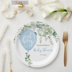 Oh boy blue balloon boy baby shower greenery paper plate