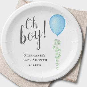 Oh Boy Blue Balloon Boy Baby Shower  Paper Plate