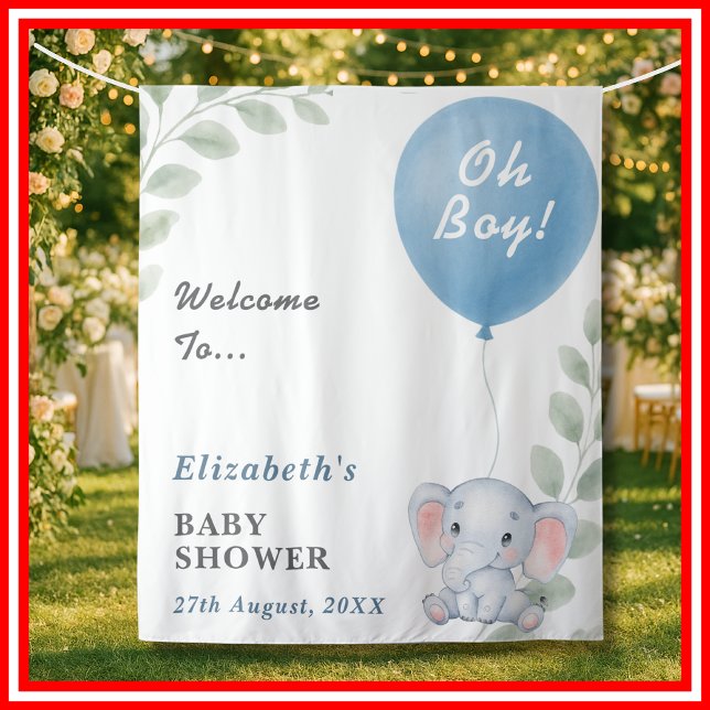 Oh Boy Blue Balloon Elephant Baby Shower Backdrop Tapestry (Creator Uploaded)