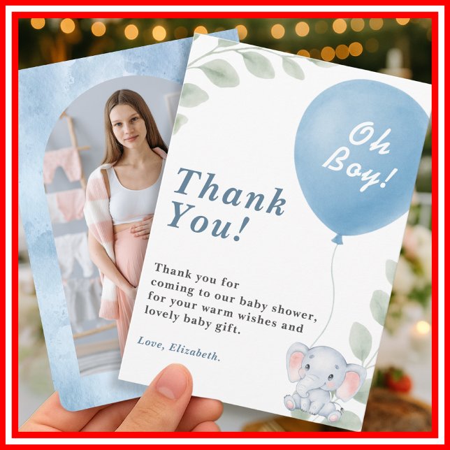 Oh Boy Blue Balloon Elephant Baby Shower PHOTO Thank You Card (Creator Uploaded)