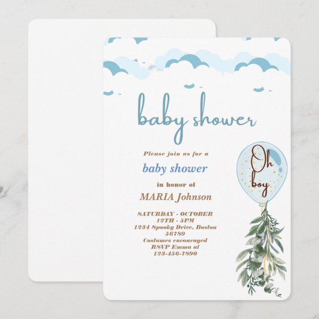 Oh Boy Blue Balloon Eucalyptus Baby Shower  Invita Invitation (Front/Back)
