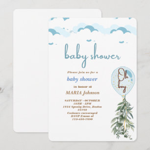 Oh Boy Blue Balloon Eucalyptus Baby Shower  Invita Invitation