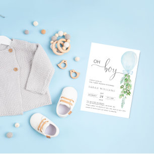 Oh Boy Blue Balloon Eucalyptus Baby Shower Invitat Invitation