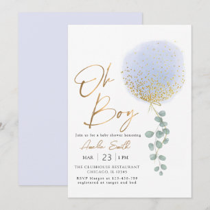 Oh Boy Blue Balloon Eucalyptus Baby Shower Invitation