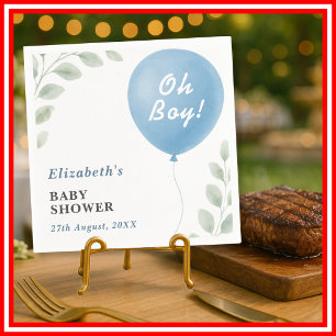 Oh Boy Blue Balloon Eucalyptus Baby Shower Napkin