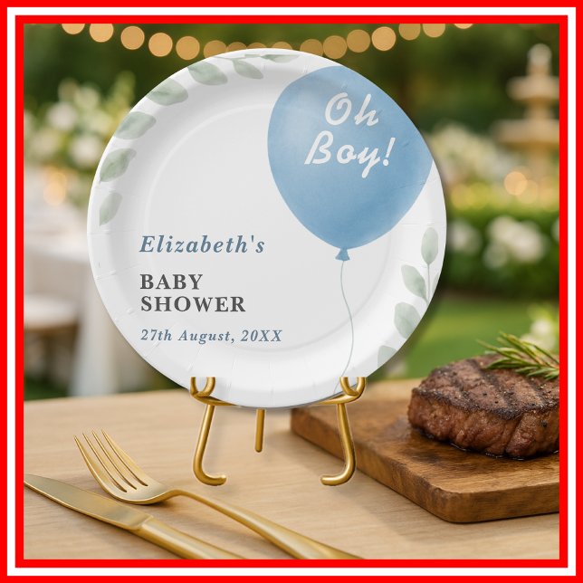 Oh Boy Blue Balloon Eucalyptus Baby Shower Paper Plate (Creator Uploaded)
