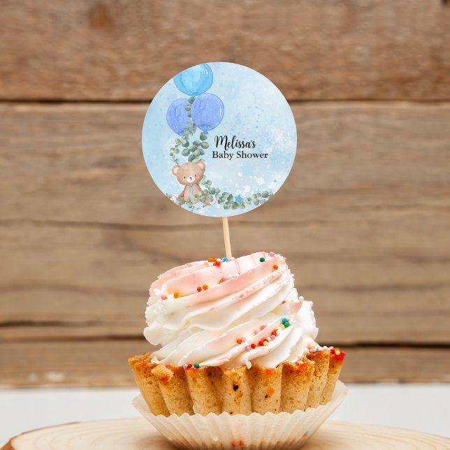 Oh Boy Blue Balloon Eucalyptus Cupcake Topper Classic Round Sticker (Creator Uploaded)