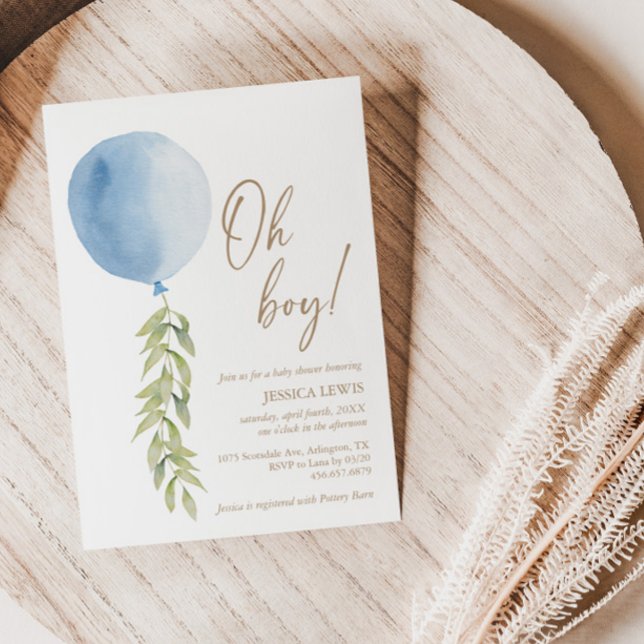 Oh Boy Blue Balloon Eucalyptus Foliage Baby Shower Invitation (Creator Uploaded)