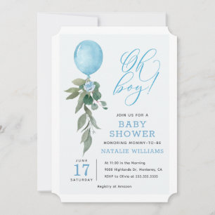 Oh Boy Blue Balloon Greenery Baby Shower Invitation