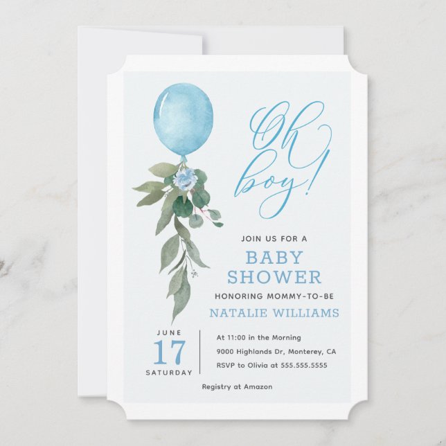 Oh Boy Blue Balloon Greenery Baby Shower Invitation (Front)