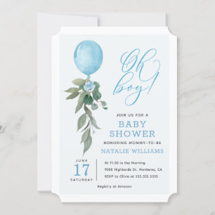 Oh Boy Blue Balloon Greenery Baby Shower Invitation