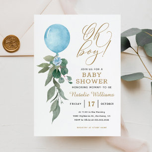 Oh Boy Blue Balloon Greenery Baby Shower Invitation