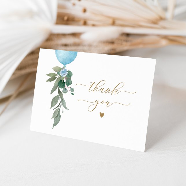 Oh Boy Blue Balloon Greenery Baby Shower Thank You Card (Creator Uploaded)