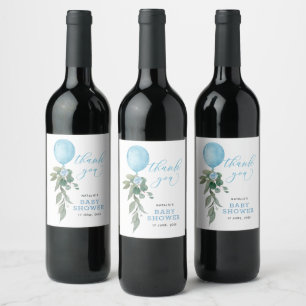 Oh Boy Blue Balloon Greenery Baby Shower Wine Label