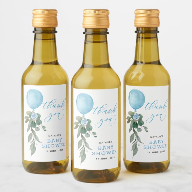 Oh Boy Blue Balloon Greenery Baby Shower Wine Label (Bottles)