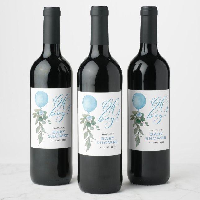 Oh Boy Blue Balloon Greenery Baby Shower Wine Label (Bottles)