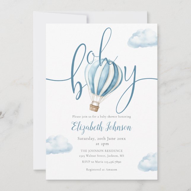 Oh Boy Blue Balloon QR Code Photo Baby Shower Invitation (Front)