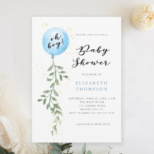Oh Boy Blue Balloon Soft Foliage Boy Baby Shower Invitation