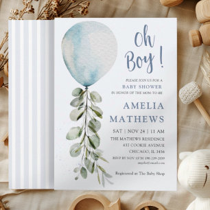 Oh Boy Blue Balloon Watercolor Baby Shower Invitation