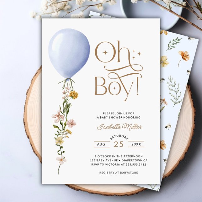 Oh Boy Blue Balloon Wildflower Baby Shower Invitation (Oh Boy Blue Balloon Wildflower Baby Shower Invitation)
