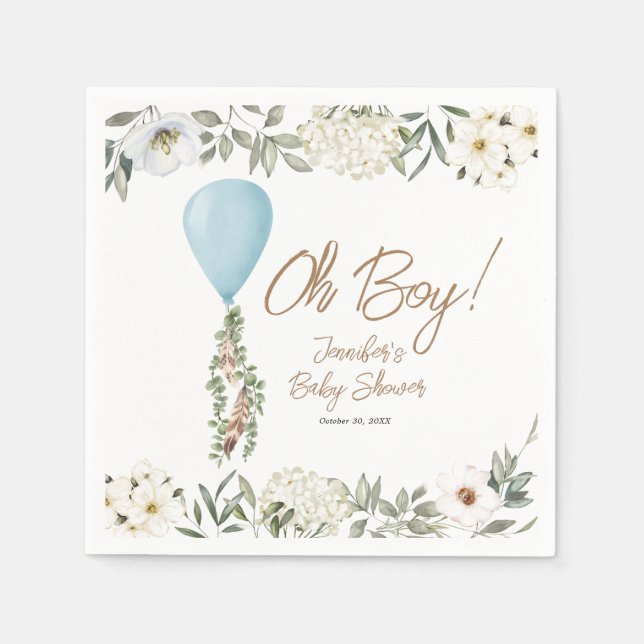 Oh Boy Blue Boho Balloon Baby Shower  Napkin (Front)
