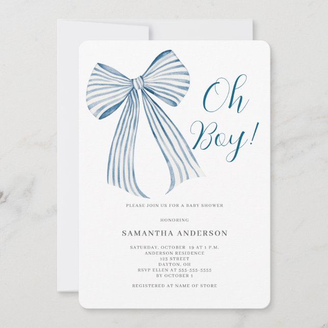  Oh Boy Blue Bow Baby Shower Invitation (Front)