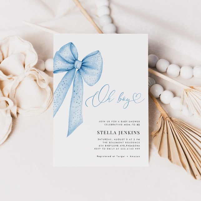 Oh Boy Blue Bow Baby Shower Invitation (Creator Uploaded)